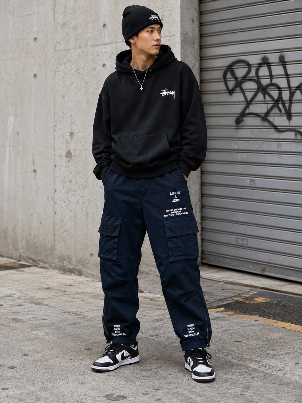 CPS Men Thug Life “Life is a Joke” Black Cargo Joggers Sz 32 W